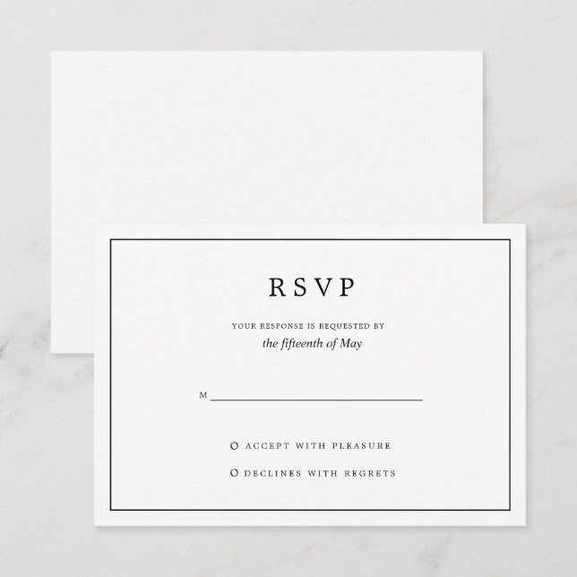Elegant Minimalist Border Black and White Wedding RSVP Karte (Vorne/Hinten)