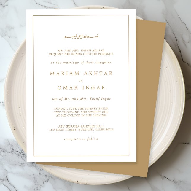 Elegant Minimalist Border Gold Muslim Wedding Einladung (Von Creator hochgeladen)