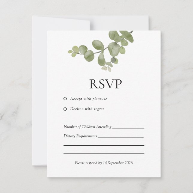 Elegant Minimalist Eucalyptus Wedding RSVP Card (Vorderseite)