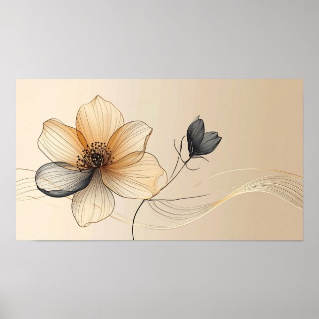 Elegant Minimalist Gold & Sheer Beige Floral Botan Poster (Vorne)