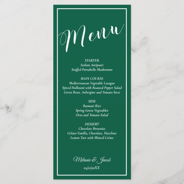 Elegant Minimalist Green Wedding Flat Menu Card Menükarte (Vorderseite)