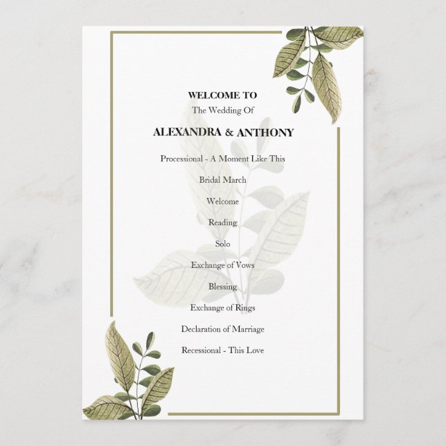 Elegant Minimalist Greenery Wedding Program Programm (Vorderseite)