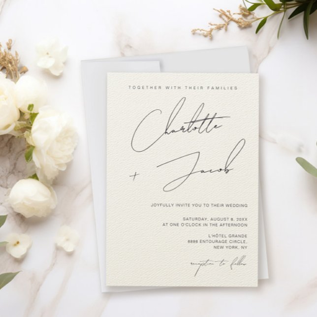 Elegant Minimalist Ivory Wedding  Einladung (Elegant Chic Minimalist Handlettering script names Ivory wedding invitation)
