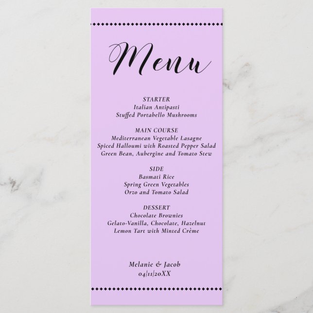 Elegant Minimalist Lavender Wedding Flat Menu Card Menükarte (Vorderseite)