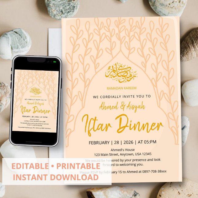 Elegant Minimalist Peach Floral Iftar Invitation Einladung (Von Creator hochgeladen)