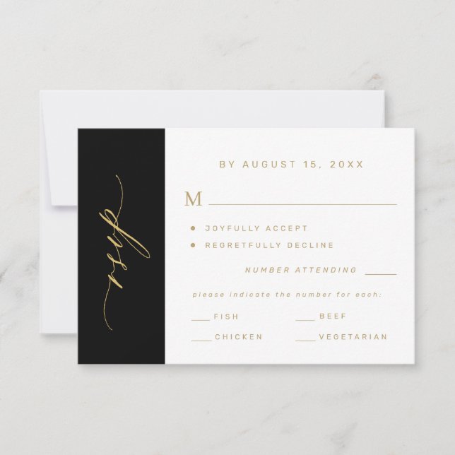Elegant minimalist typography gold black wedding RSVP karte (Vorderseite)