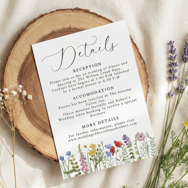 Elegant Minimalist Whimsical Wildflower Wedding Begleitkarte (create your own personalized wildflower modern script calligraphy wedding details card)