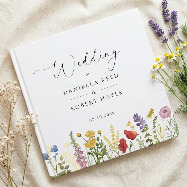 Elegant Minimalist Whimsical Wildflower Wedding Gästebuch (modern minimalist script calligraphy wildflower gold foil wedding guest book)