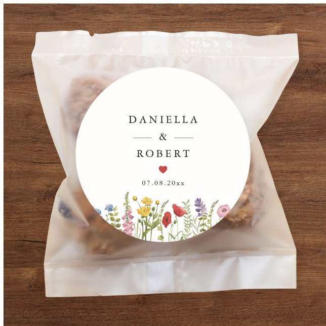 Elegant Minimalist Whimsical Wildflower Wedding Runder Aufkleber (personalized modern minimalist wildflower wedding sticker set)