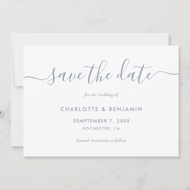 Elegant Minimalistisch Dusty Blue Save the Date (Vorderseite)
