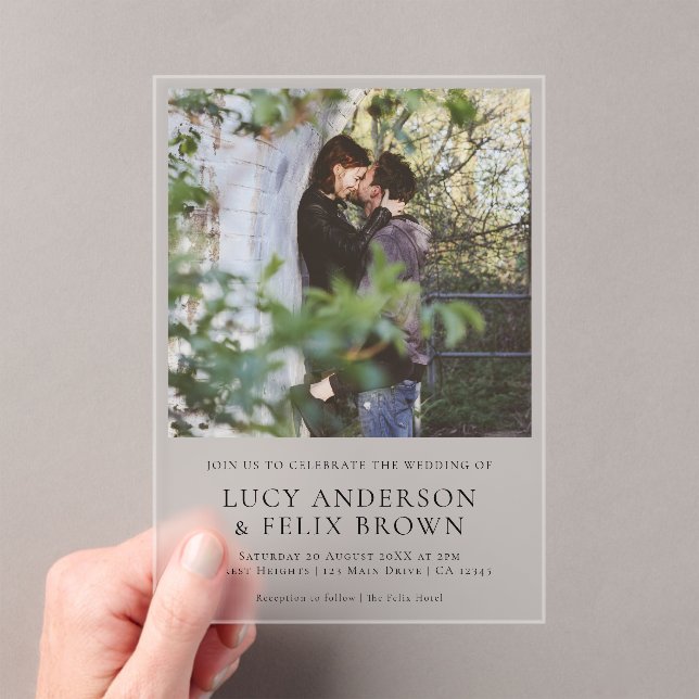 Elegant Minimalistisch | Moderne Foto Hochzeit Acryleinladungen (Insitu (Handheld))