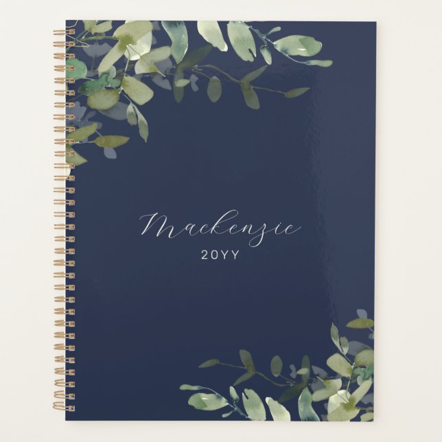 Elegant Minimalistisch Navy Blue Greenery Planer (Vorderseite)