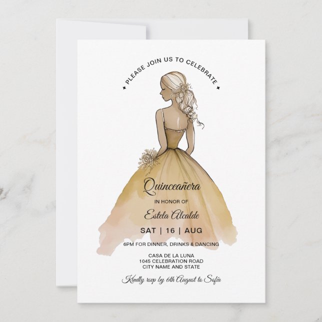 Elegant Minimalistisch Quinceañera Einladung (Vorderseite)