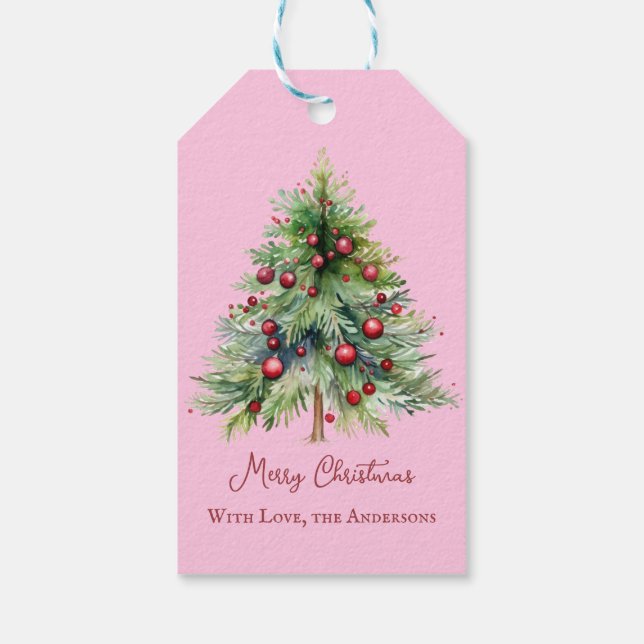 Elegant Minimalistisch Rot Rosa Pine Weihnachten Geschenkanhänger (Rückseite)