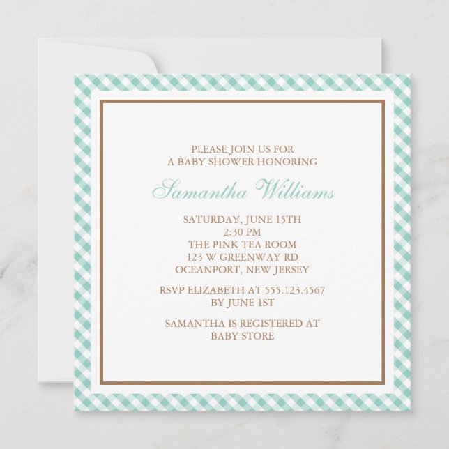 Elegant Mint Gingham Pattern Baby Shower Einladung (Vorderseite)
