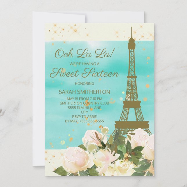 Elegant Mint Gold Eiffel Tower Paris Sweet 16 Einladung (Vorderseite)