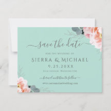 Elegant Mint Green Blush Pink Floral Save the Date