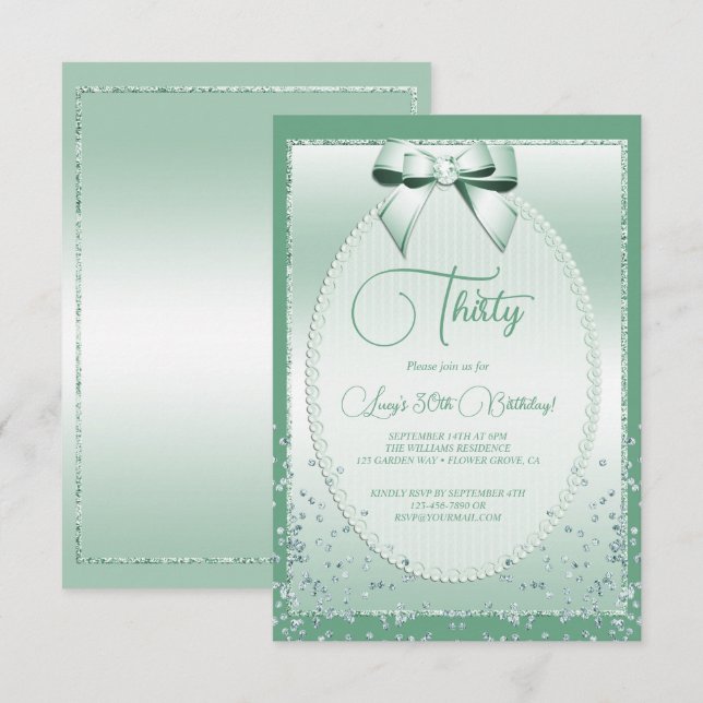 Elegant Mint Green Jeweled Bow & Confetti Geburtst Einladung (Vorne/Hinten)