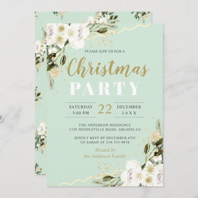 Elegant Mint Green Watercolor Blumen Weihnachten Einladung (Vorne/Hinten)