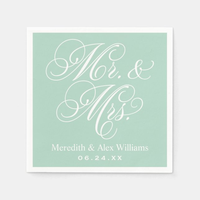 Elegant Mint Mr. und Mrs. Script Custom Monogram Serviette (Vorderseite)