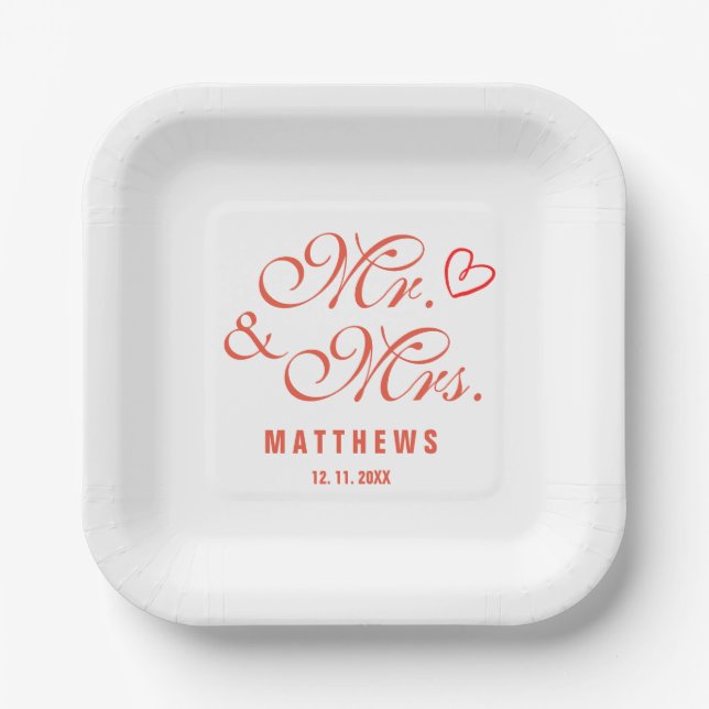 Elegant Mint Red Mr. und Mrs. Wedding Monogram Nap Pappteller (Vorderseite)