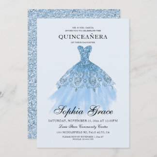 Elegant Mis Quince Blue Glitzer Quinceañera Einladung