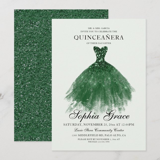 Elegant Mis Quince Green Glitzer Quinceañera Einladung (Vorne/Hinten)