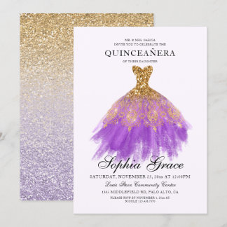 Elegant Mis Quince Lila Gold Glitzer Quinceañera Einladung
