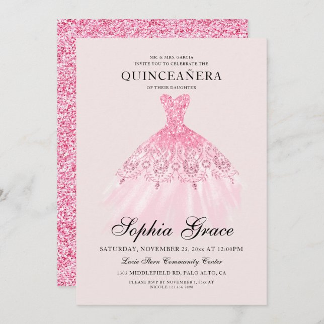 Elegant Mis Quince Pink Glitzer Quinceañera Einladung (Vorne/Hinten)