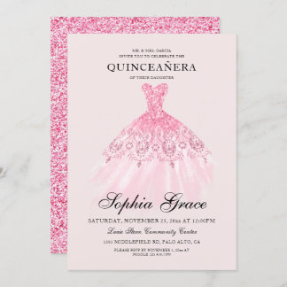 Elegant Mis Quince Pink Glitzer Quinceañera Einladung