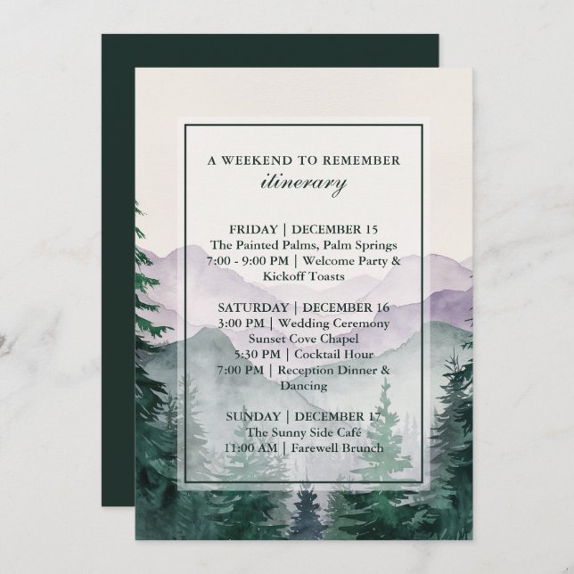 Elegant Misty Mountain Forest Itinerary Card Einladung (Vorne/Hinten)