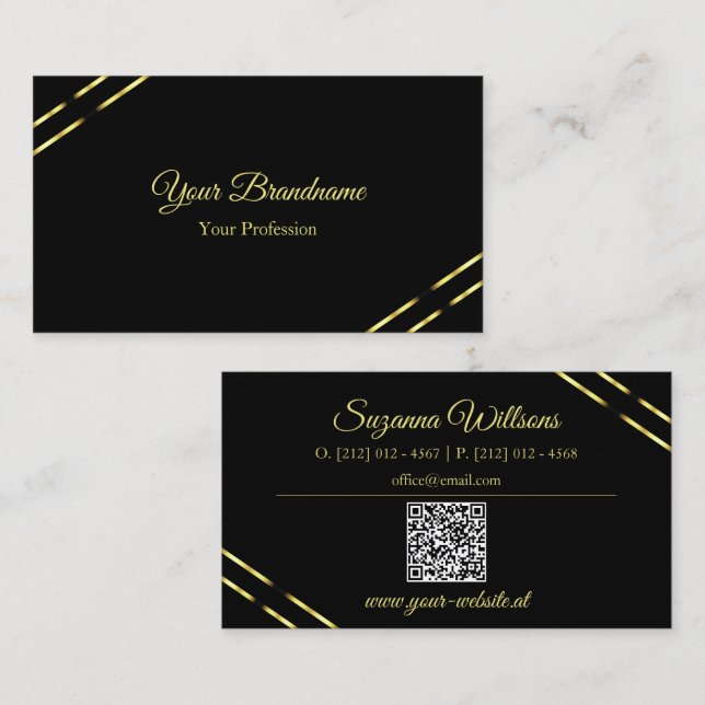 Elegant mit Goldlinien und QR-Code Schwarz Visitenkarte (Vorne/Hinten)