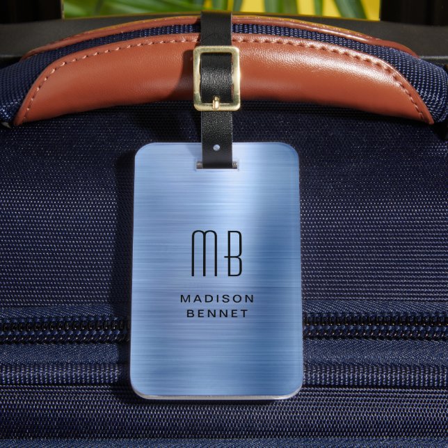 Elegant Mit Monogramm, blau gebürstet Metallic Gepäckanhänger (Vorderseite Insitu 2)