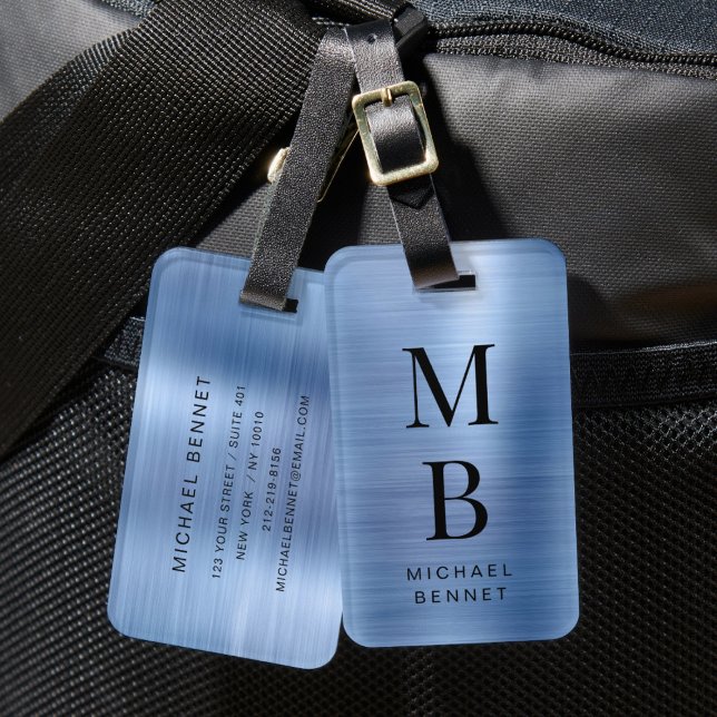Elegant Mit Monogramm, blau gebürstet Metallic Gepäckanhänger (Elegant Monogrammed Blue Brushed Metallic Luggage Tag)