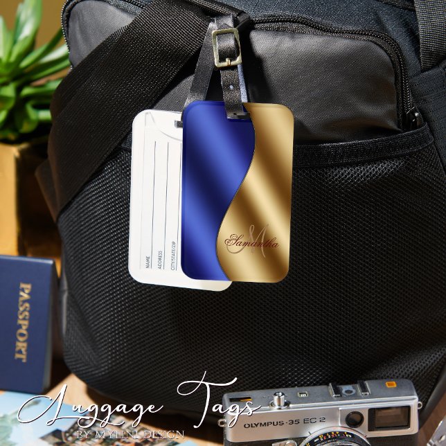 Elegant Mit Monogramm Blue Gold Metallic Gepäckanhänger (Von Creator hochgeladen)