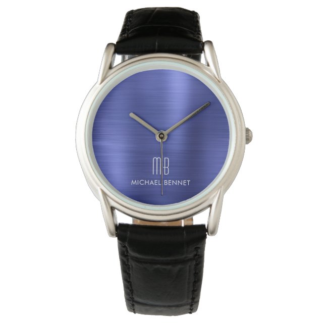 Elegant Mit Monogramm Navy Blue Brushed Metallic Armbanduhr (Vorderseite)