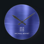 Elegant Mit Monogramm Navy Blue Brushed Metallic Runde Wanduhr<br><div class="desc">Personalisierte elegante Mit Monogramm Navy Blue Brushed Round Clock.</div>