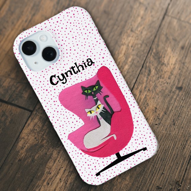 Elegant Mitte Jahrhundert Katzen Rosa Stuhl Pink P Case-Mate iPhone Hülle (Mid Century elegant cats in pink chair on white with pink polka dots iPhone case.)
