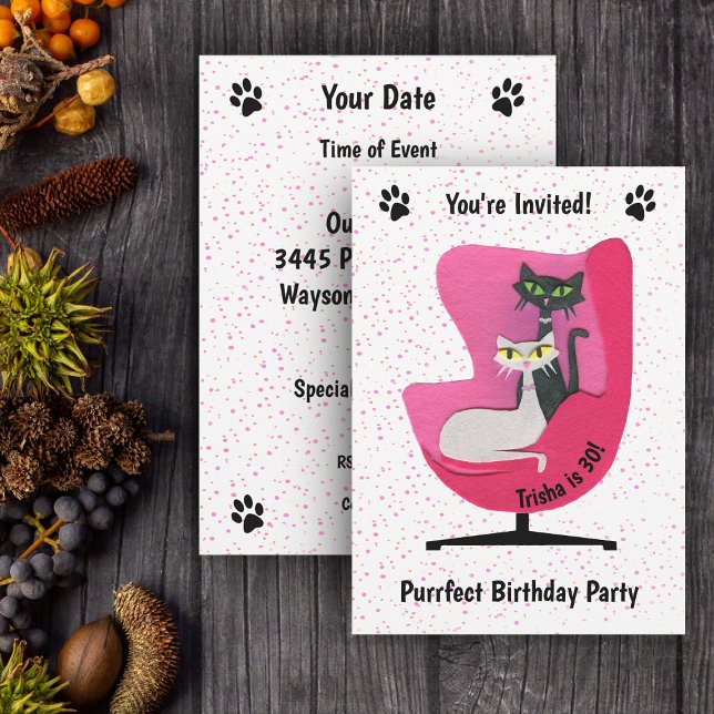 Elegant Mitte Jahrhundert Katzen Rosa Stuhl Polka  Einladung (Mid century cats in pink chair pink polka dots on white birthday party invitations.)