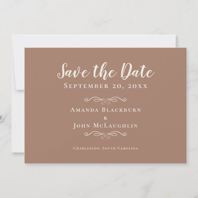 Elegant Mocha Brown Rustikale Romantische Kalligra Save The Date (Vorderseite)