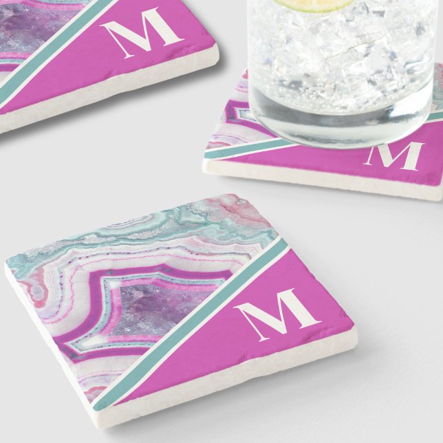 Elegant Modern Agate Initial Monogram Steinuntersetzer (Chic Stylish Turquoise Pink Agate Initial Monogram Stone Coaster)