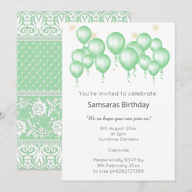 ELEGANT MODERN BALLOON SAGE GREEN LACE GEBURTSTAG EINLADUNG (Vorne/Hinten)