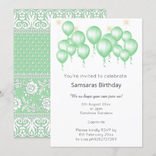 ELEGANT MODERN BALLOON SAGE GREEN LACE GEBURTSTAG EINLADUNG