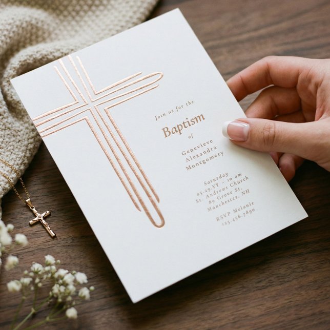 Elegant Modern Baptism Christening Religious Cross Folieneinladung (Elegant Modern Baptism Christening Religious Cross Foil Invitation)