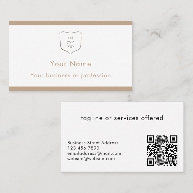 Elegant Modern Beige Logo QR Code Professional Visitenkarte (Vorne/Hinten)