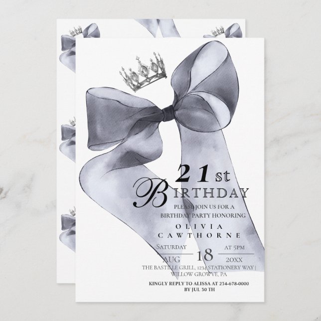 Elegant Modern Black Bow Birthday Party  Einladung (Vorne/Hinten)