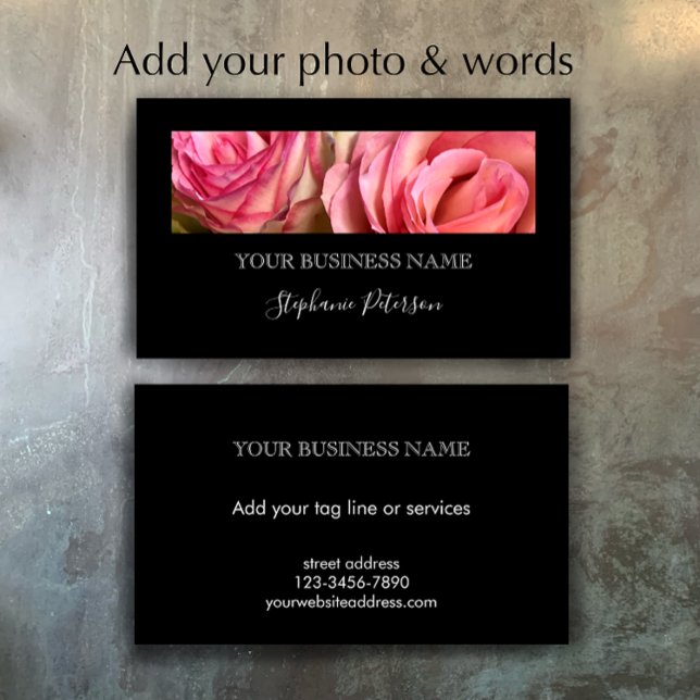 Elegant Modern Black Custom Floral Photo Template  Visitenkarte (Personalize this editable modern elegant script photo template business card template.
)