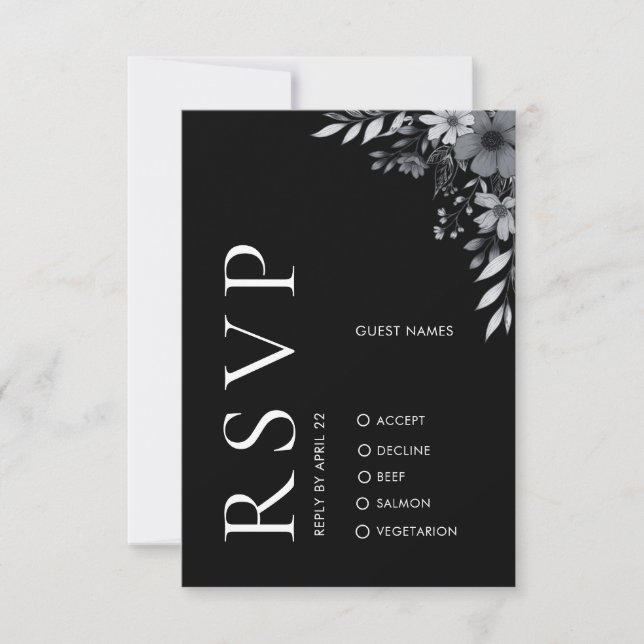Elegant Modern Black Floral Wedding RSVP Card Mitteilungskarte (Vorderseite)