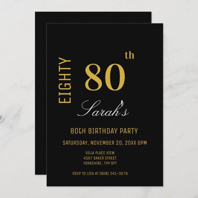 Elegant Modern Black & Gold 80. Geburtstag Einladung (Vorne/Hinten)