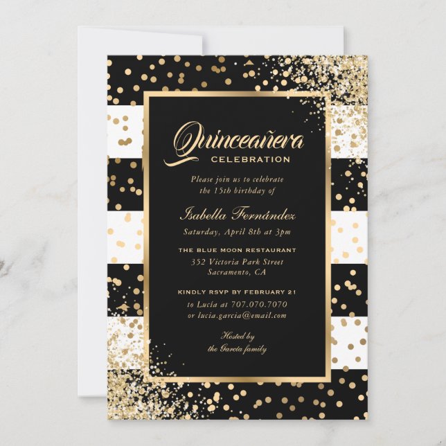 Elegant Modern Black Gold Confetti Quinceañera Einladung (Vorderseite)